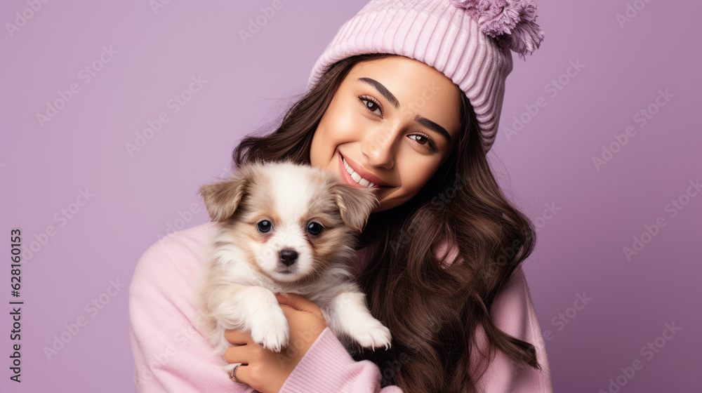 Young girl holds a dog puppy in her arms. Young girl holds a dog puppy in her arms.