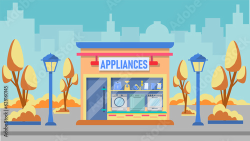 Vector illustration of a home appliances. exterior facade of the store building in the autumn city. The facade of a domestic appliances shop. Vector illustration in flat cartoon style.