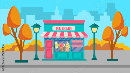 Vector illustration of an ice cream  store. exterior facade of the store building in the autumn city. The facade of sweet shop. Vector illustration in flat cartoon style.