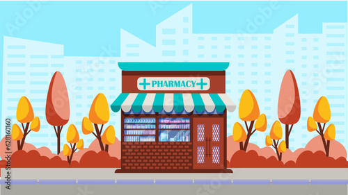Vector illustration of a  pharmacy store. exterior facade of the store building in the autumn city. The facade of a drugstore shop. Vector illustration in flat cartoon style.