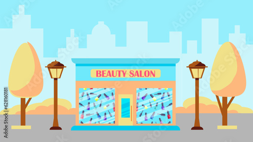 Illustration of the autumn street with  a beauty salon. Exterior facade of the store building in the autumn city. Beauty shop. Vector illustration in flat cartoon style.