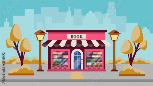 Vector illustration of a bookstore on autumn street. exterior facade of the store building in the autumn city. The facade of a book shop. Vector illustration in flat cartoon style.