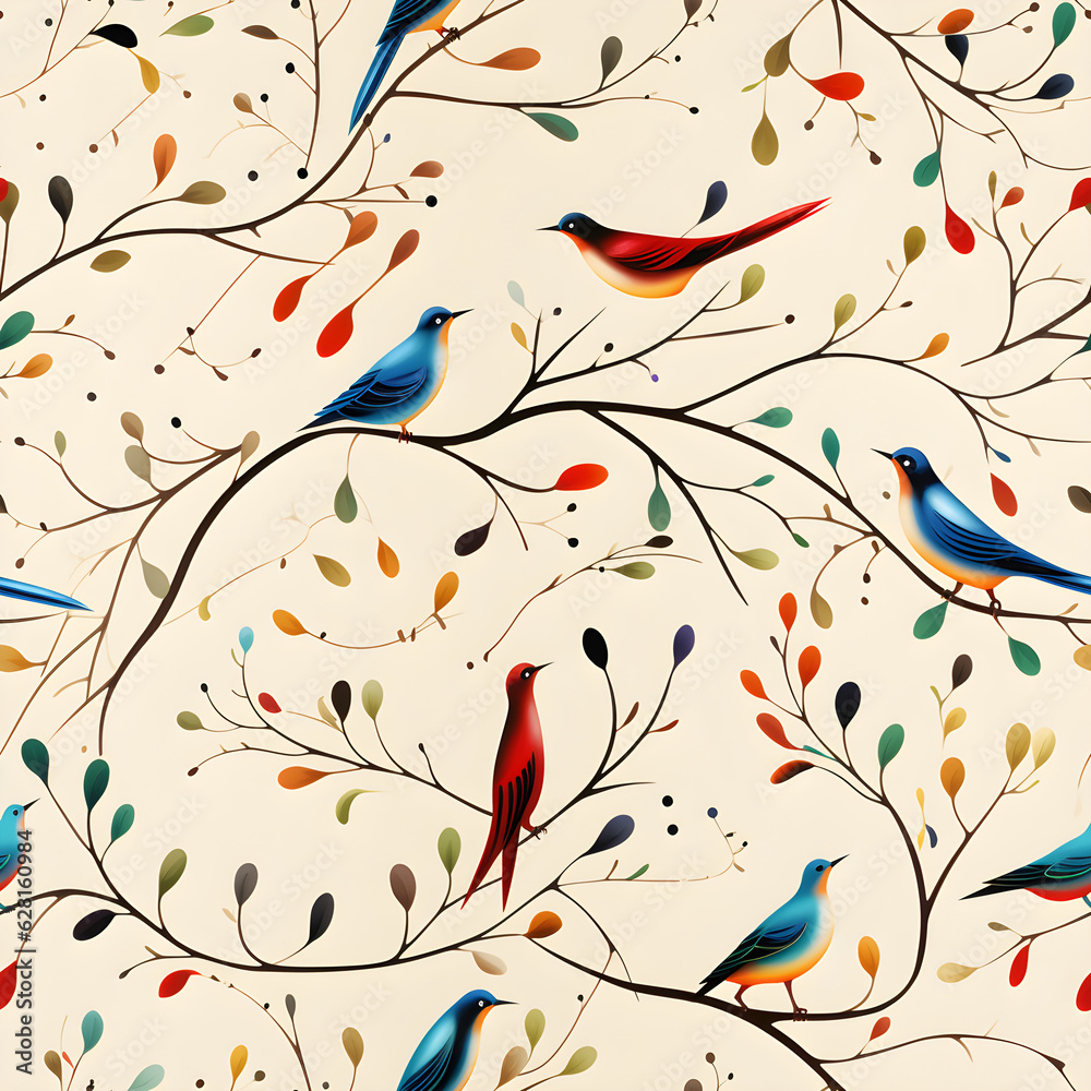 Fototapeta premium Vines and tiny colorful art birds pattern. light background.