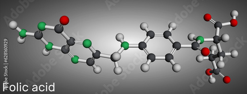 Folic acid, folate molecule. It is known as vitamin B9. Molecular model. 3D rendering. photo