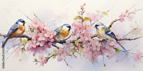 AI Generated. AI Generative. Romantic beautiful bird sitting on branch tree. Oil paint draw watercolor nature background. Graphic Art