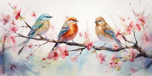 AI Generated. AI Generative. Romantic beautiful bird sitting on branch tree. Oil paint draw watercolor nature background. Graphic Art © AkimD