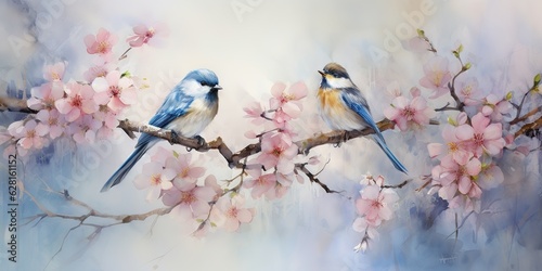 Fototapeta Naklejka Na Ścianę i Meble -  AI Generated. AI Generative. Romantic beautiful bird sitting on branch tree. Oil paint draw watercolor nature background. Graphic Art