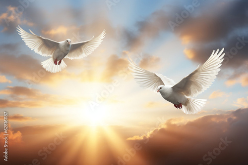 Celestial Doves Ascending through Divine Sunbeams