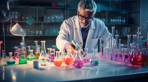 Male research scientist filling colorful test tubes and beaker in a laboratory. 
