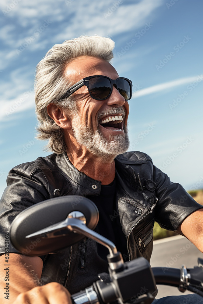 mature man with grey hair riding a motorcycle
