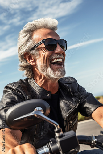 mature man with grey hair riding a motorcycle