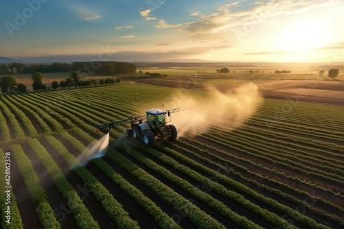 Sunrise Farming: Modern Tractor with Mounted Sprayers, Applying Pesticide in Green Fields.