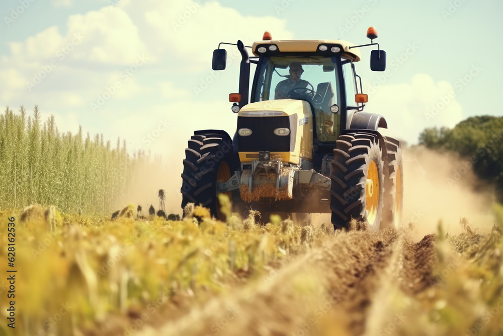 Crop Harvesting: Tractor Combine Harvester at Work in Cereal Field. Crop Harvesting: Tractor Combine Harvester at Work in Cereal Field.