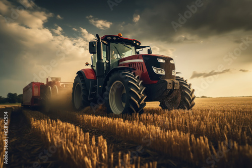 Agricultural Success  Tractor Combine Harvester Gathering Cereals.