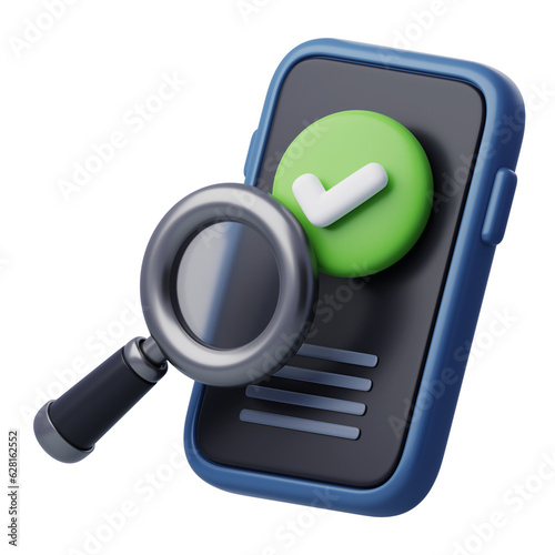 Magnifier is scanning on smartphone with correct icon sign on screen, scam on device and cyber crime concept