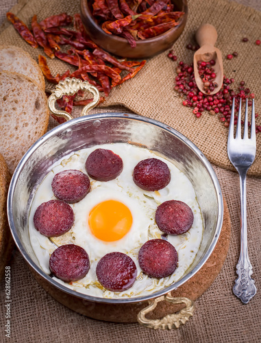 Fried sausage with egg in c...