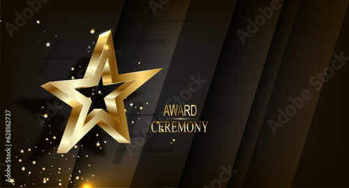 3d golden star golden with lighting effect on black background. Template luxury premium award design.