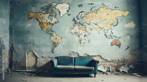 old abandoned house with a map on the wall.