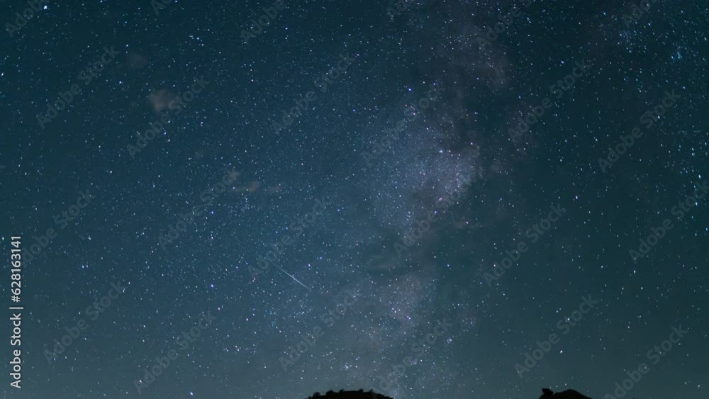 Perseid Meteor Shower and Milky Way Galaxy 50mm Southwest Sky Tilt Down Over Canyon Time Lapse