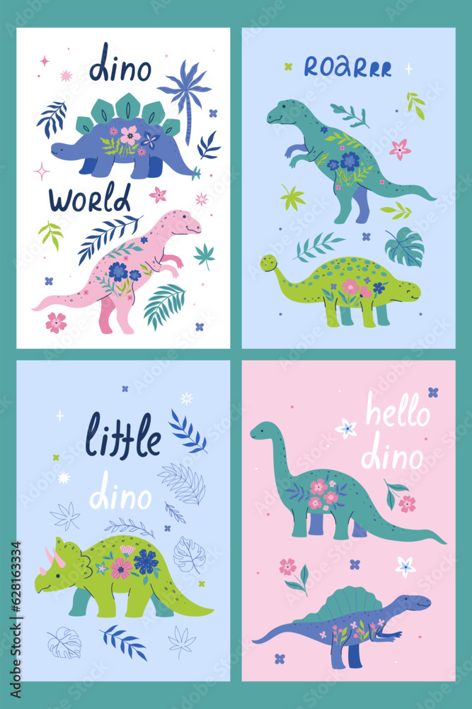 Collection of posters with cute dinosaurs. Vector graphics. Collection of posters with cute dinosaurs. Vector graphics.