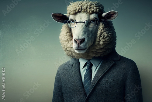 a sheep in a business suit,A man with a sheep's head, wearing glasses and an office suit,generative ai © retbool