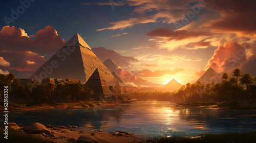 Egyptian pyramid in sand desert at sunset.
The ruins of an ancient temple. Generative AI