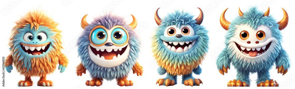 Set of funny shaggy furry cheerful monsters with big eyes and smiling mouths with big white teeth, isolated on transparent background. Children's cartoon characters or cute soft toys. Generative AI