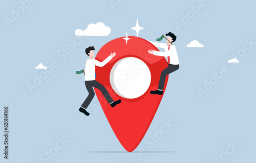 Competing to occupy business space, effort to gain maximum market share in specific area, ambition and leadership concept, Businessmen competing to stand on top of map pin icon.