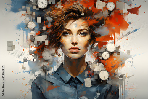 Young woman with chaos around her head, watches. The concept of time management © Anna