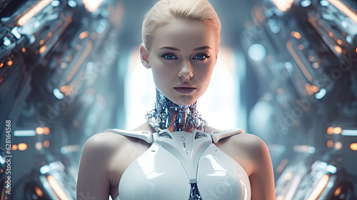 Sci-fi robotic girl. Gynoid working in futuristic environment. Female robot in virtual space