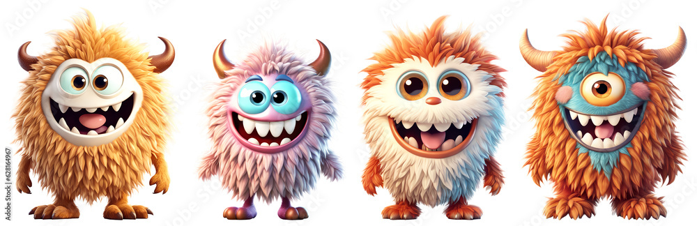 Set of funny shaggy furry cheerful monsters with big eyes and smiling mouths with big white teeth, isolated on transparent background. Children's cartoon characters or cute soft toys. Generative AI