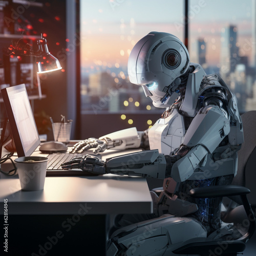 Robot sitting in a desk, artificial intelligence