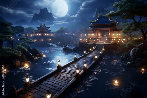 Mystical journey to the illuminated island monastery across moonlit waters