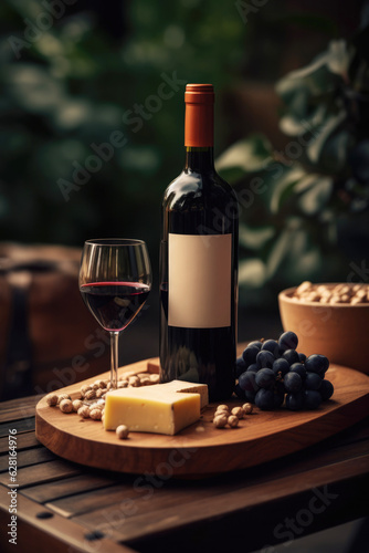 Red wine in glass, grape, cheese platter, wine bottle in cafe. Vertical format. Generative AI.