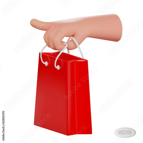 Render of a hand with a protruding little finger holding a red paper bag. vector 3d illustration on isolated white background