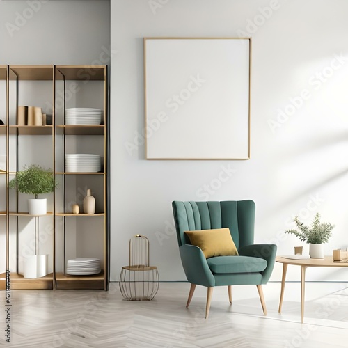 Rectangular vertical frame mockup in scandinavian style interior with white and yellow flowers on empty neutral white wall background  shelf. 3d illustration