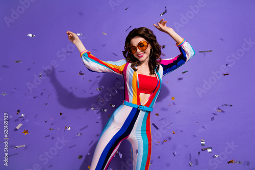 Photo of gorgeous pretty positive girl wear stylish outfit celebrate birthday style 90s night club isolated on purple color background
