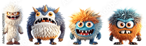Set of funny shaggy furry angry monsters with big eyes and mouths with big white teeth, isolated on transparent background. Children's cartoon characters or cute soft toys. Generative AI