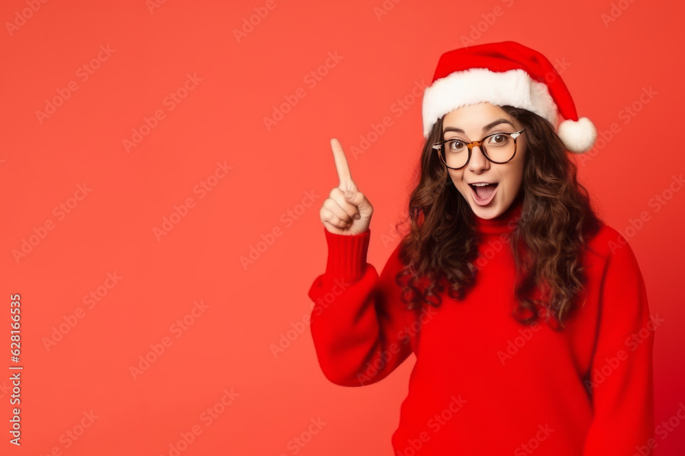 Young girl with christmas hat pointing to blank space on red background. Generative AI Young girl with christmas hat pointing to blank space on red background. Generative AI