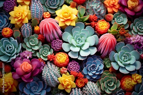 Miniature succulent plants background. Top view succulent cactus, gardening, horticulture theme. Colorful fresh succulents with cacti. Bright colored succulents like bright flowers. © LENNAMATS