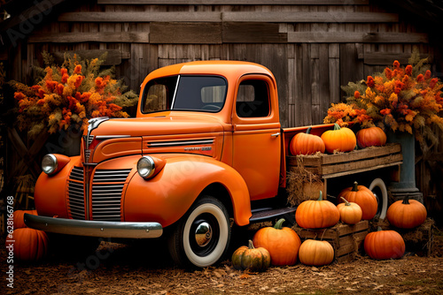 old truck on a farm full of pumpkins