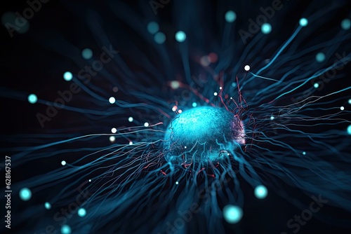 Neuron synapse presentation - Network of glowing cells with electrical pulses. Conceptual medical image. Photo generative AI © pixardi