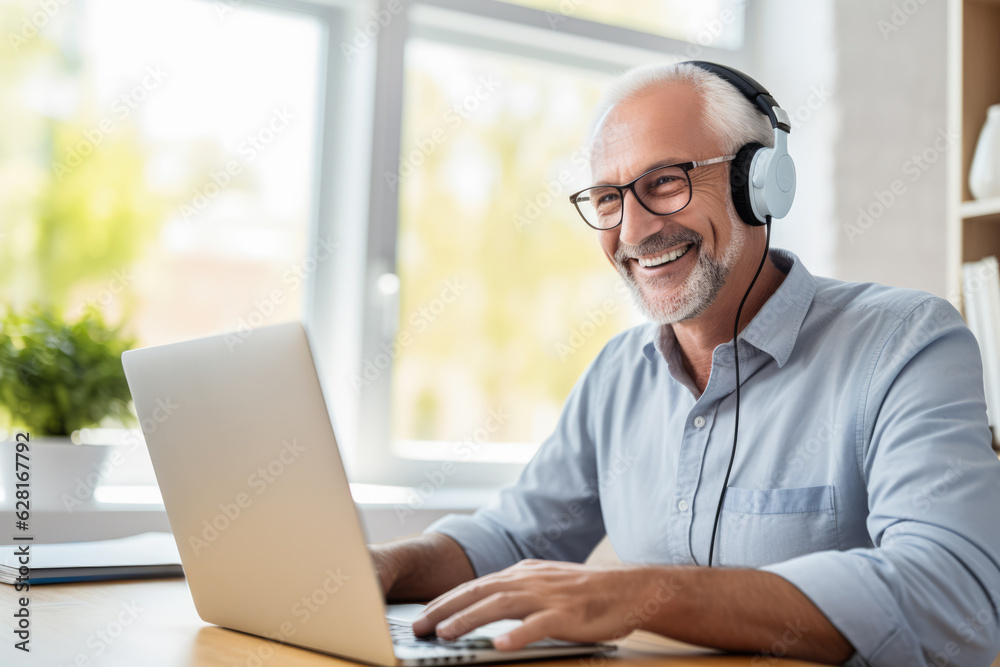 Senior man wearing a headphones and using a laptop as a means of learning. Concept image on online education. Generative AI. Senior man wearing a headphones and using a laptop as a means of learning. Concept image on online education. Generative AI.