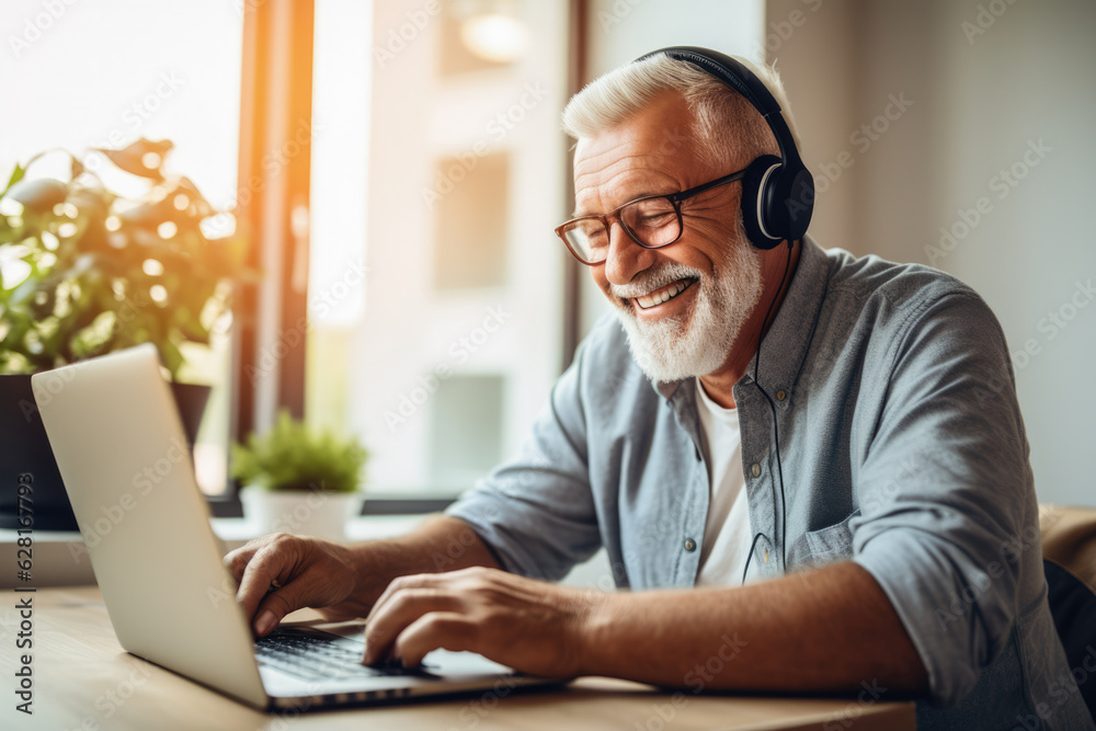 Senior man wearing a headphones and using a laptop as a means of learning. Concept image on online education. Generative AI. Senior man wearing a headphones and using a laptop as a means of learning. Concept image on online education. Generative AI.