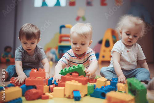 Cheerful kids in preschool play with toys