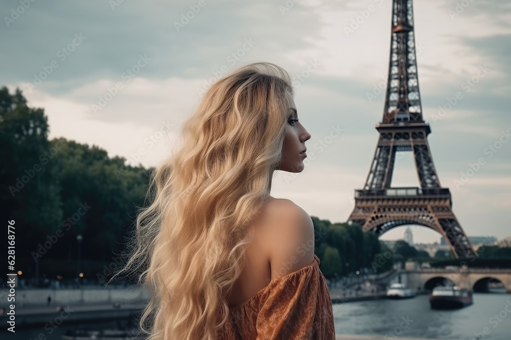 Once in Paris. Back beautiful slim chic girl with long blond hair against Eiffel tower