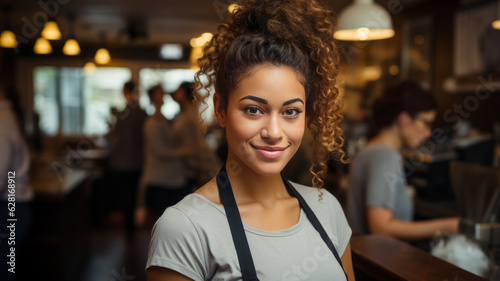 Portrait of happy woman standing at doorway of her store. Cheerful mature waitress waiting for clients at coffee shop.generative ai