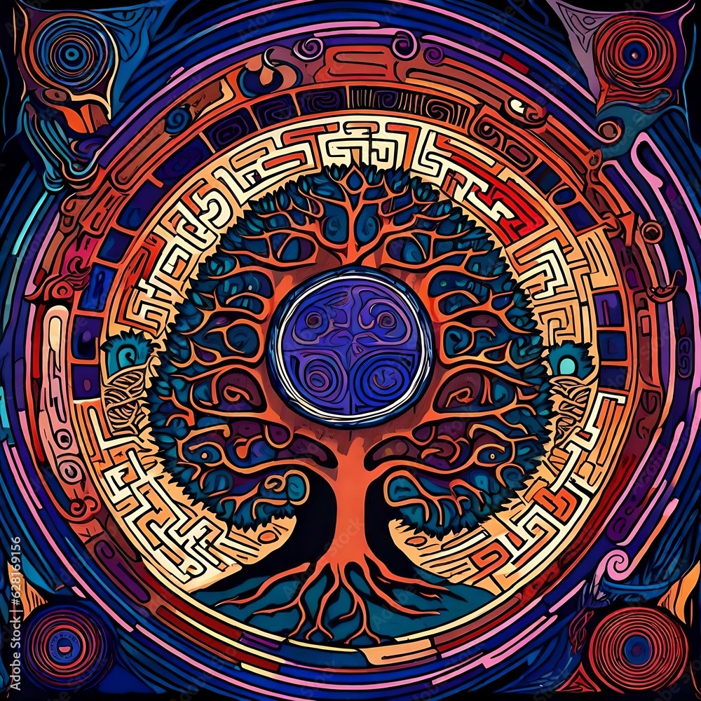 An epic-like psychedelic labyrinth tree of life with a mighty tree trunk.