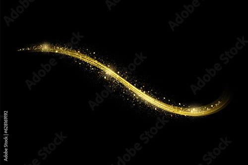 Shiny abstract wave flow, golden wave design element with glitter effect on black background.