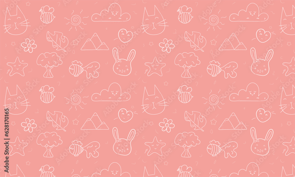Naklejka premium Pattern with cute characters on a pink background, gift wrapping